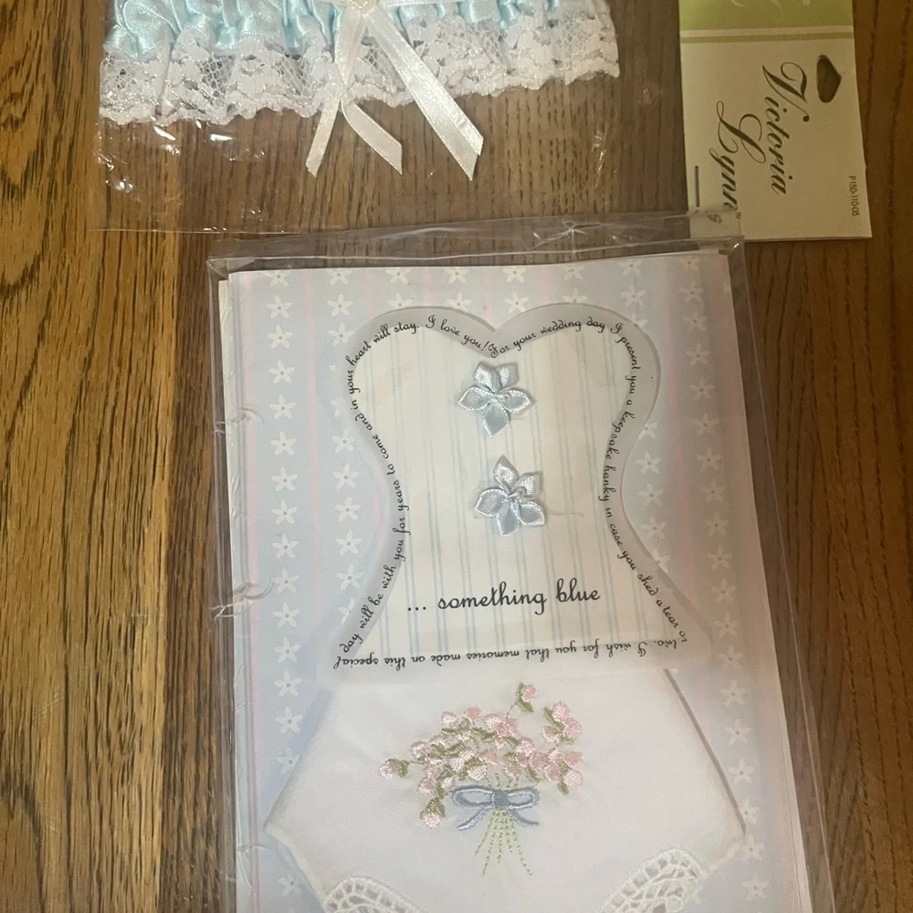 Blue and White Bridal Garter and something blue handkerchief set.